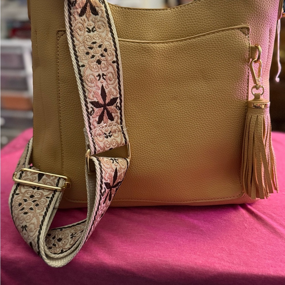 Vegan Leather  Tan Shoulder Bag with Embroidered Strap used once